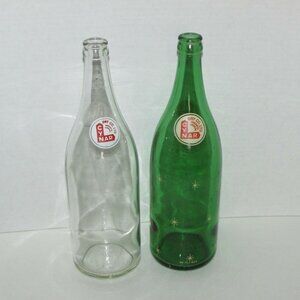 2 CYNAR Vintage Glass Soda Pop Bottles Toronto Canada Large 30 oz Green Clear